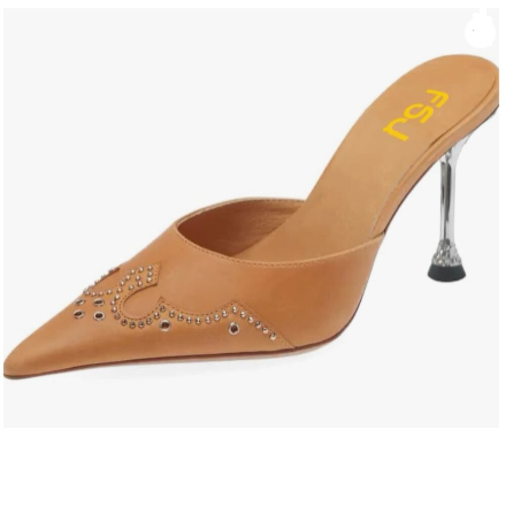 FSJ Sandy Brown Gorgeous Studded Pointed Toe Mules Stiletto Heel Slip On Shoes